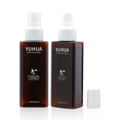 سعر المصنع wholsale 100ml زجاجة بلاستيكية مربعة الشكل تصميم لون العنبر مع لون مضخة رذاذ أبيض cistomzed